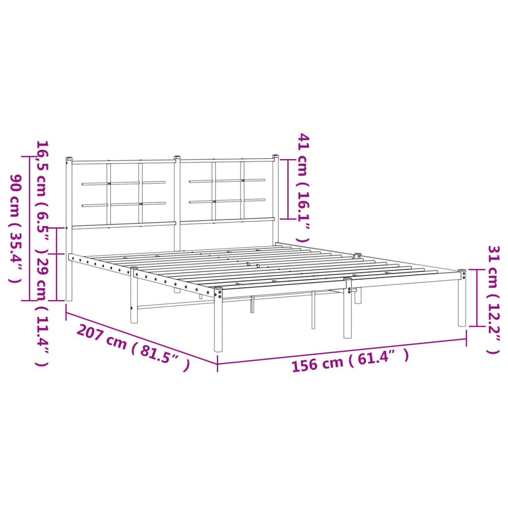 Black Metal Bed Frame with Headboard - 150x200cm, No Mattress