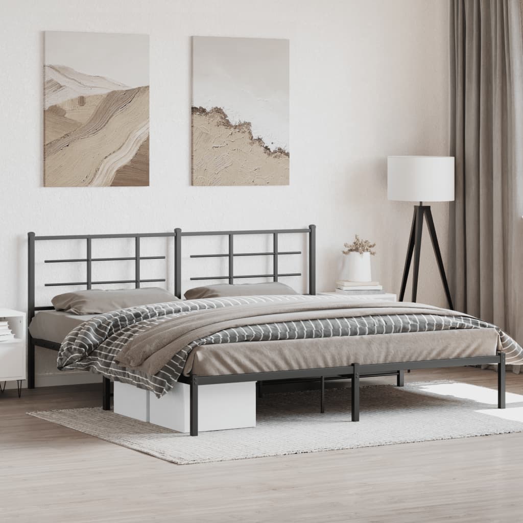 Black Metal Bed Frame with Headboard, 193x203cm, No Mattress