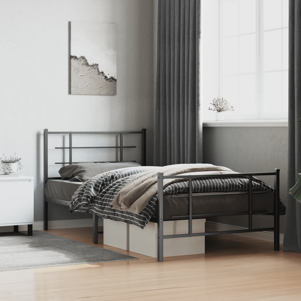Black Metal Bed Frame with Footboard - 107x203cm, No Mattress