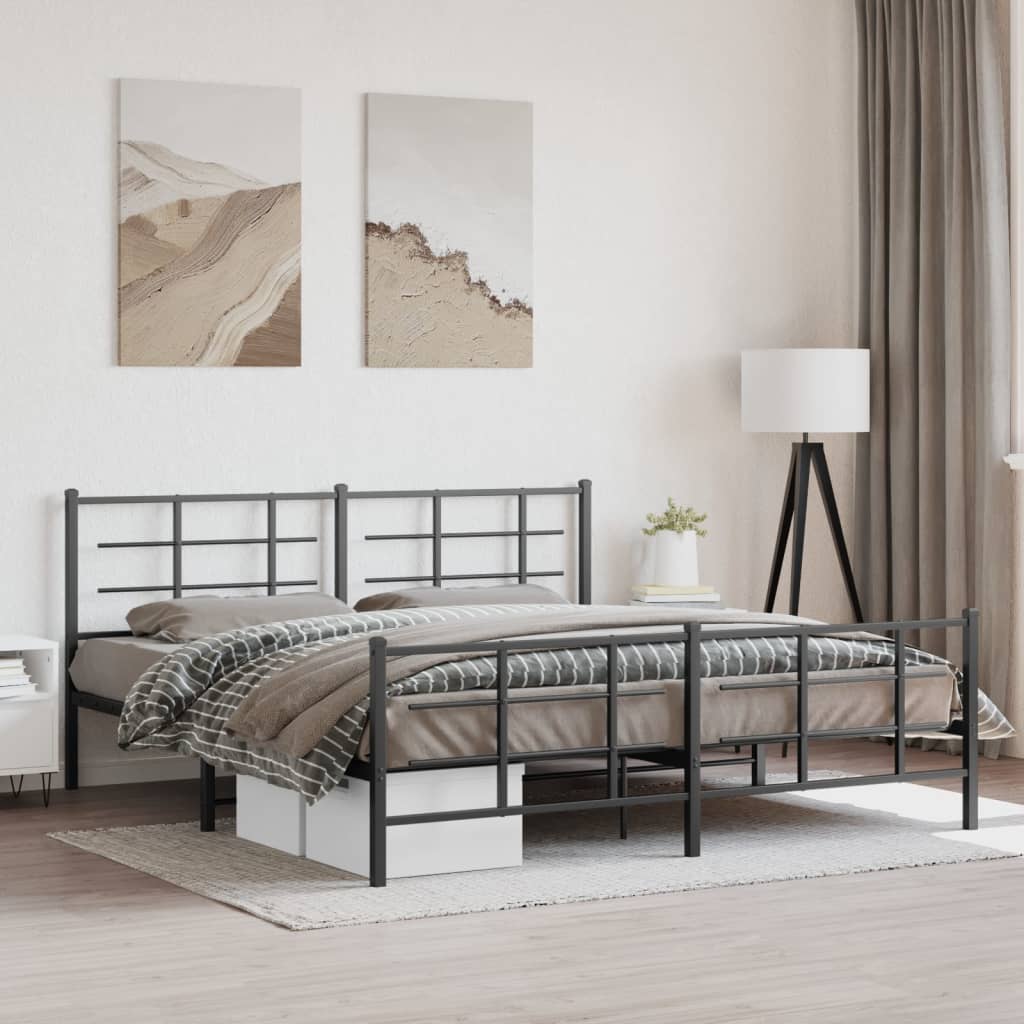 Black Metal Bed Frame with Footboard - 183x213cm Sturdy Design