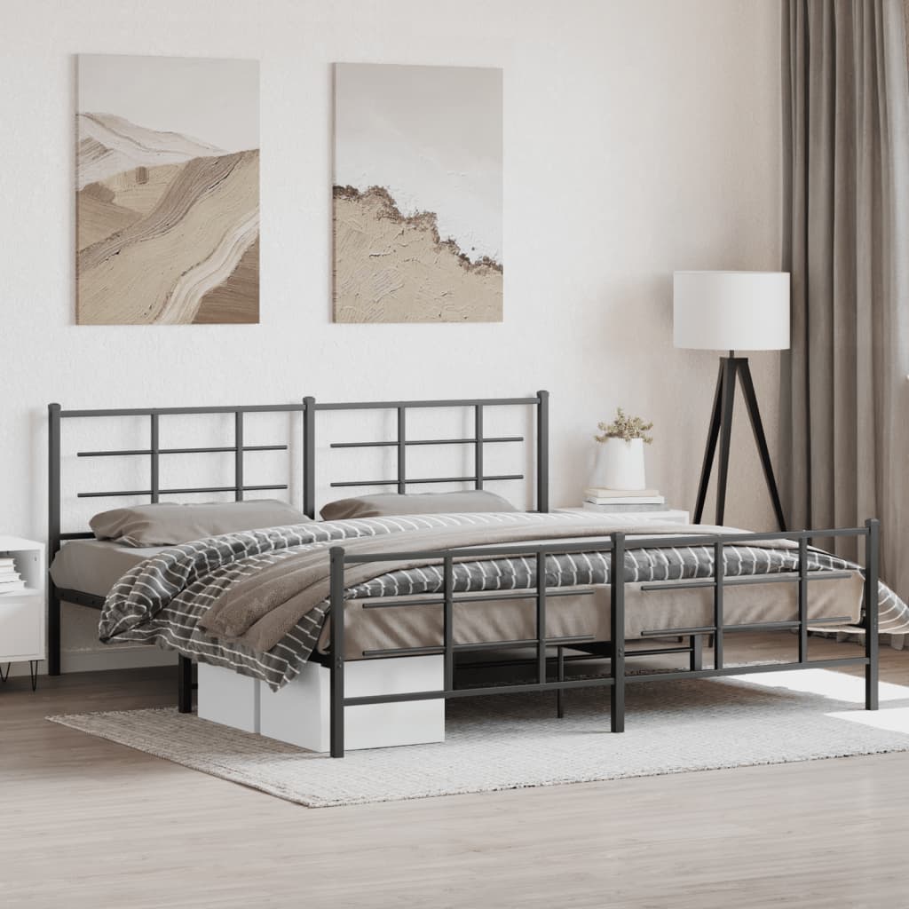 Black Metal Bed Frame with Footboard - 200x200cm (Mattress Not Included)
