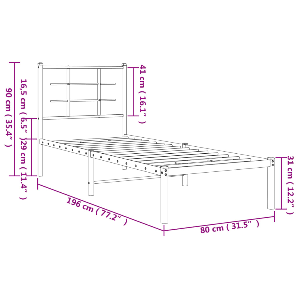 White Metal Bed Frame with Headboard - 75x190cm (No Mattress)