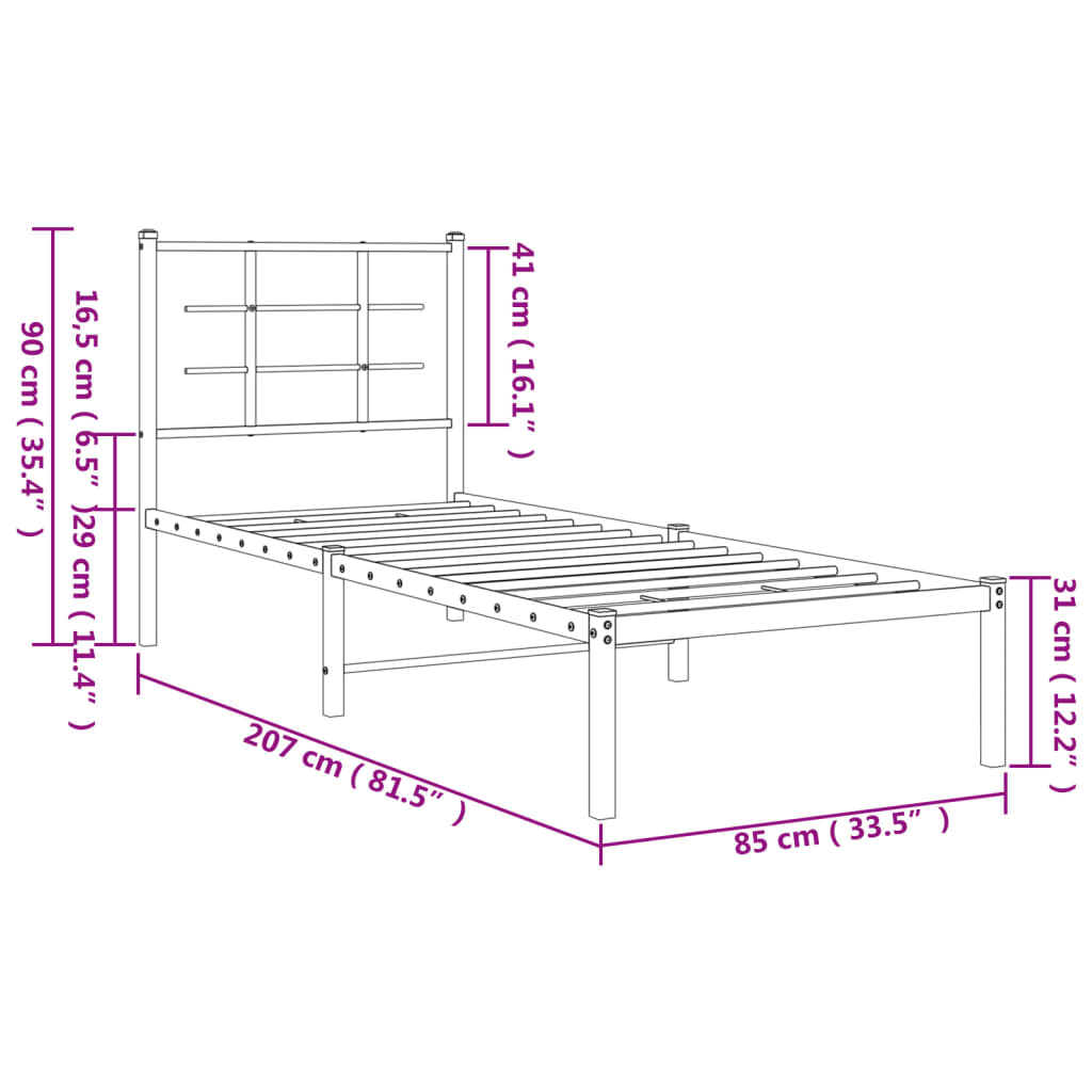 White Metal Bed Frame with Headboard - 80x200cm