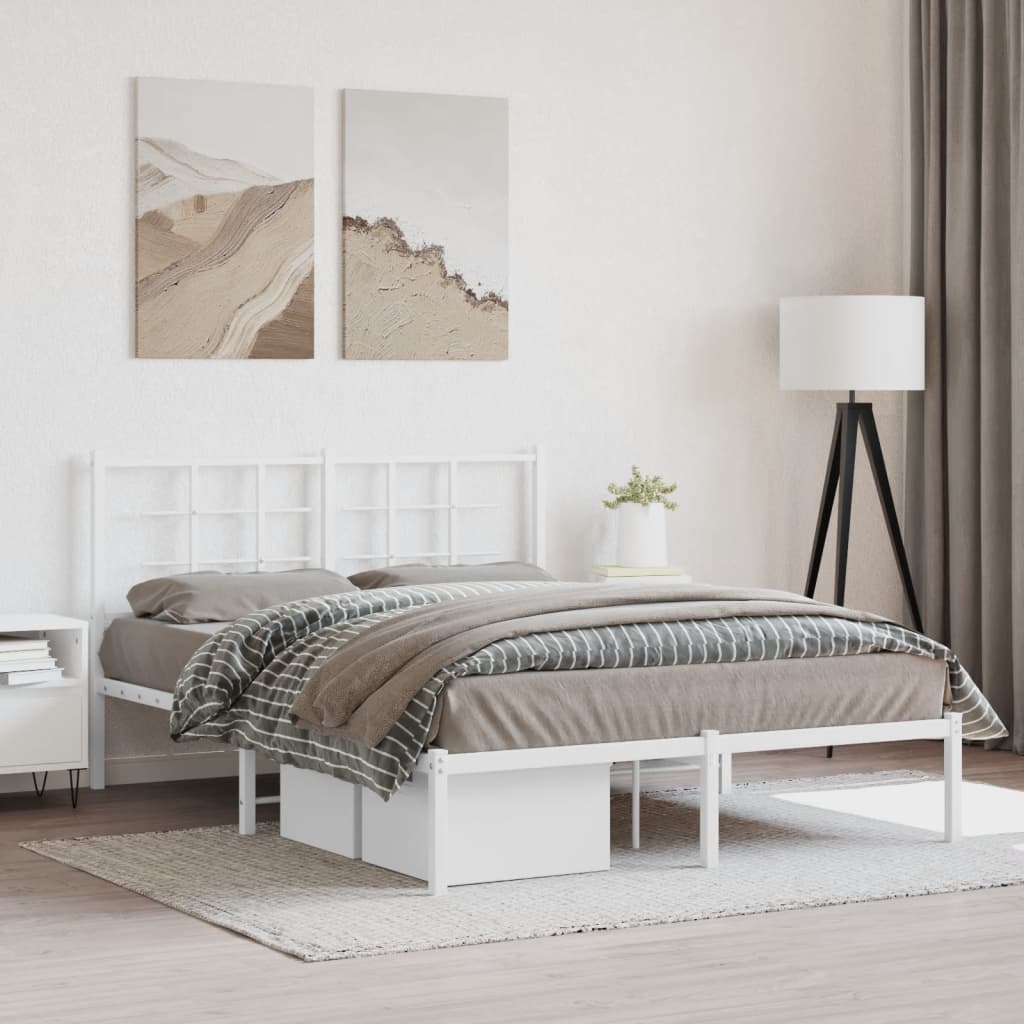 White Metal Bed Frame with Headboard 135x190cm - No Mattress
