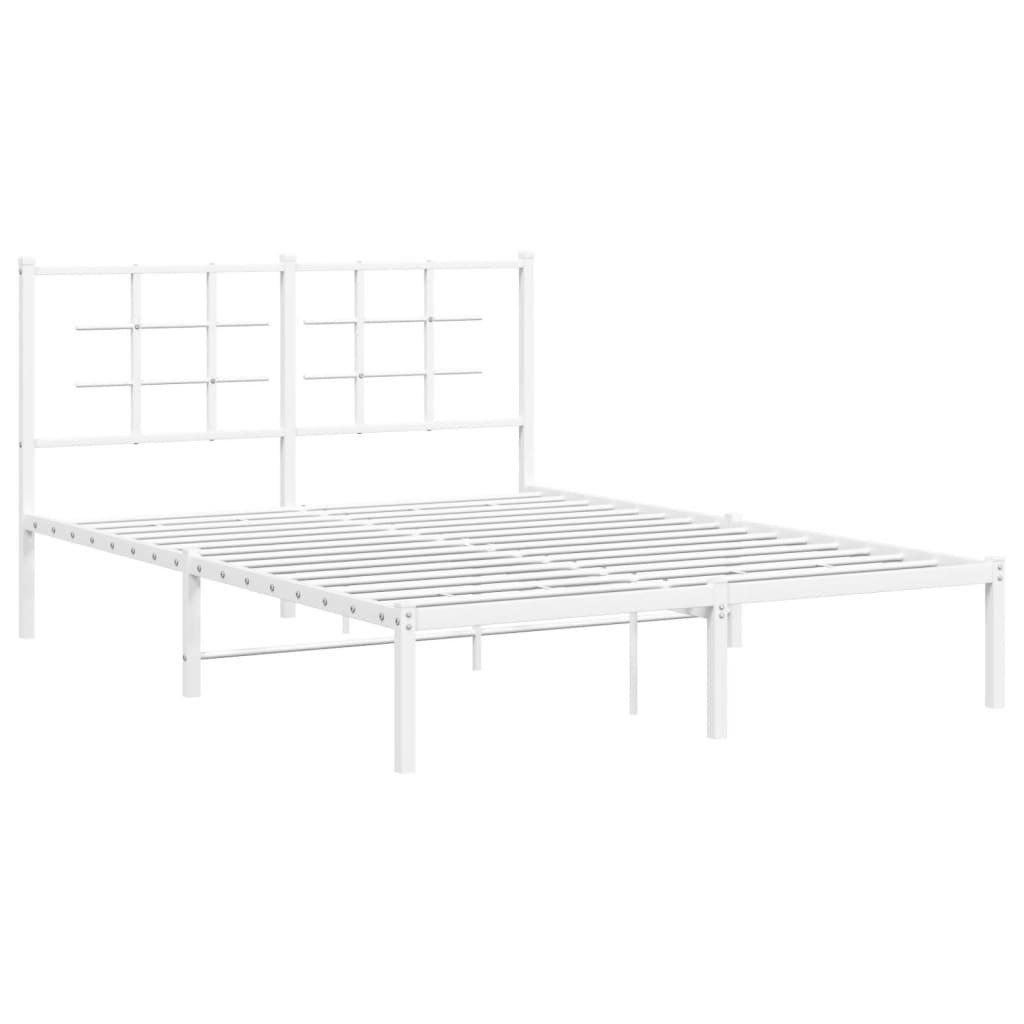 White Metal Bed Frame with Headboard, 140x190cm - No Mattress Included