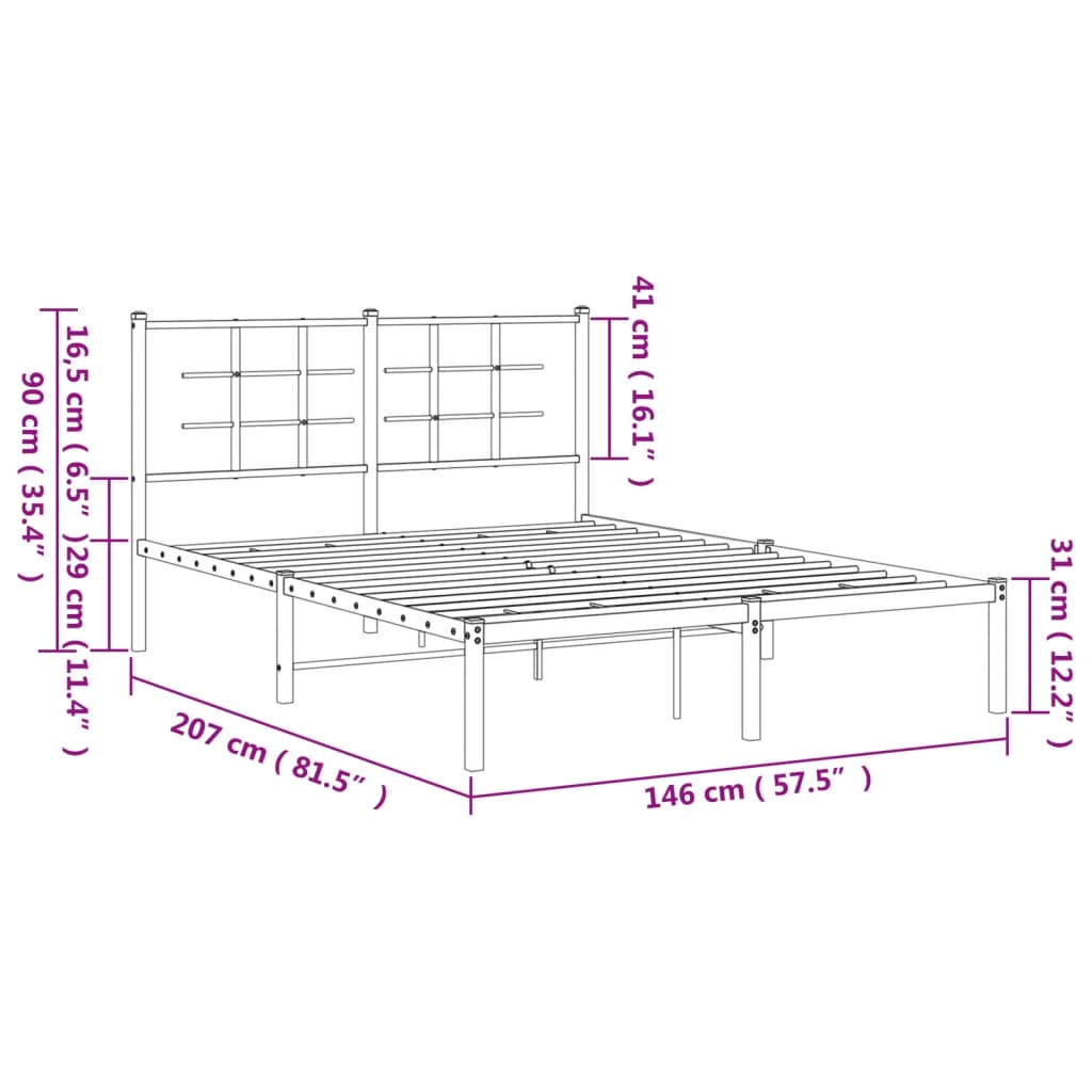 White Metal Bed Frame with Headboard – 140x200cm, No Mattress