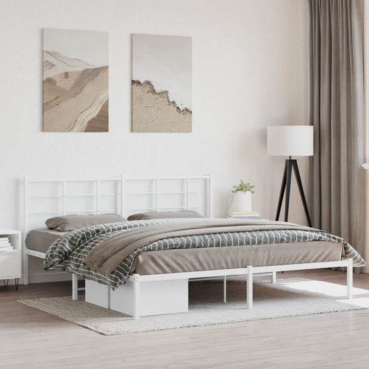 White Metal Bed Frame with Headboard – 183x213cm, No Mattress