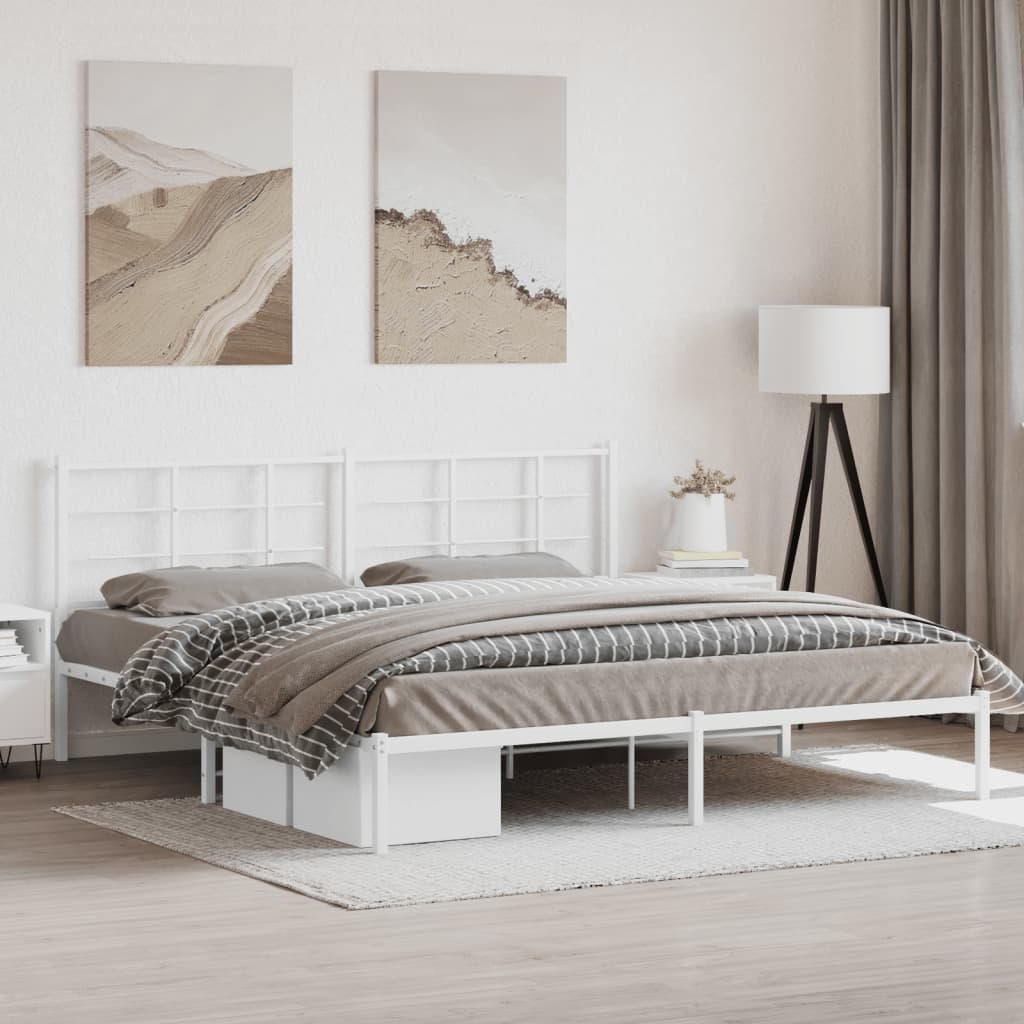 White Metal Bed Frame with Headboard, 193x203cm - Elegant Design