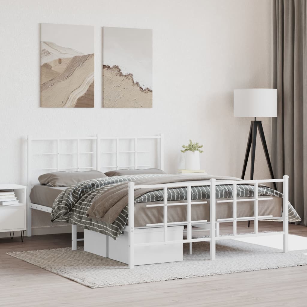 White Metal Bed Frame with Footboard - Fits 135x190cm Mattress