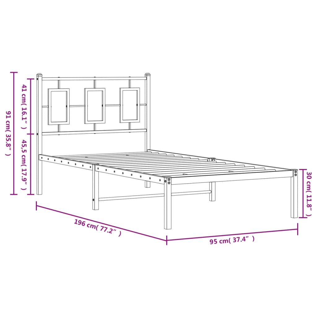 Black Metal Bed Frame with Headboard 90x190cm - No Mattress