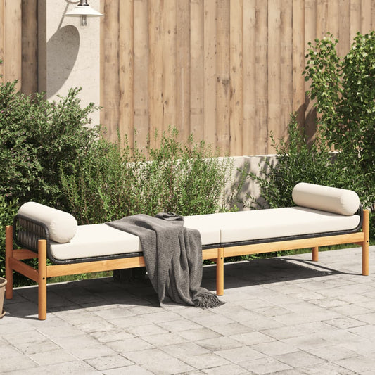 Black Poly Rattan & Acacia Garden Bench with Cushion