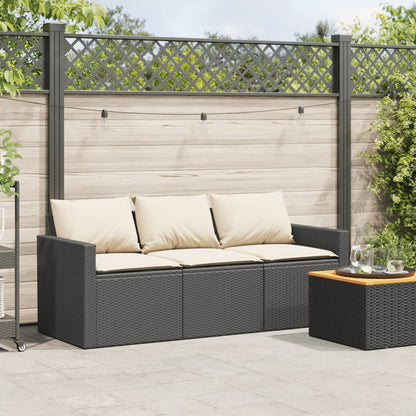 Black Poly Rattan 3-Seater Garden Sofa with Cushions