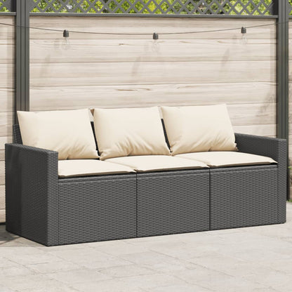 Black Poly Rattan 3-Seater Garden Sofa with Cushions