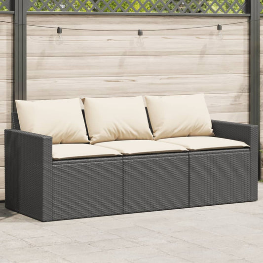 Black Poly Rattan 3-Seater Garden Sofa with Cushions