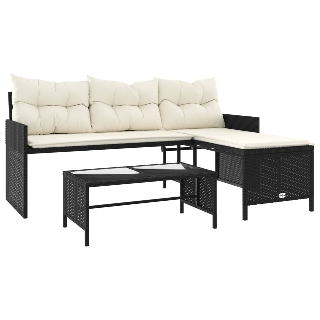 L-Shaped Black Poly Rattan Garden Sofa Set with Table & Cushions