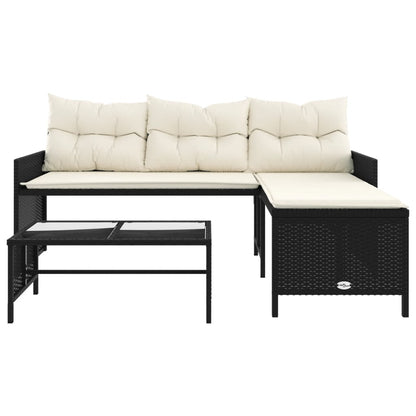 L-Shaped Black Poly Rattan Garden Sofa Set with Table & Cushions