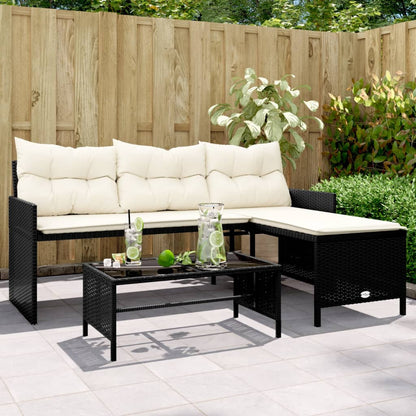 L-Shaped Black Poly Rattan Garden Sofa Set with Table & Cushions