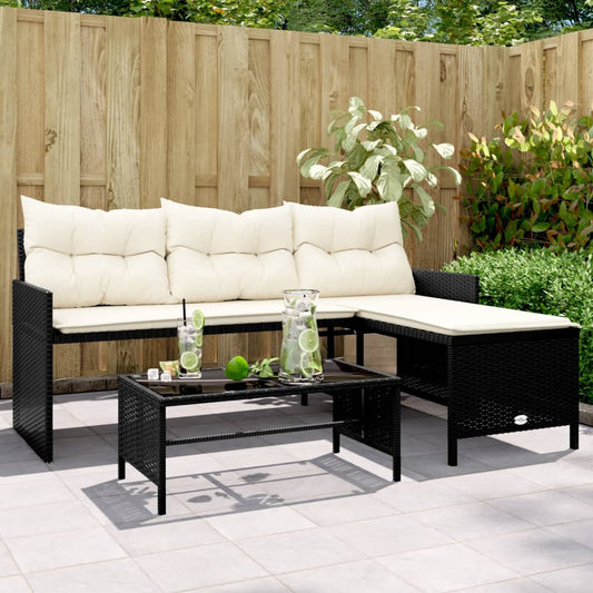 L-Shaped Black Poly Rattan Garden Sofa Set with Table & Cushions