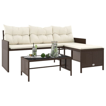 Brown Poly Rattan L-Shaped Garden Sofa with Table & Cushions