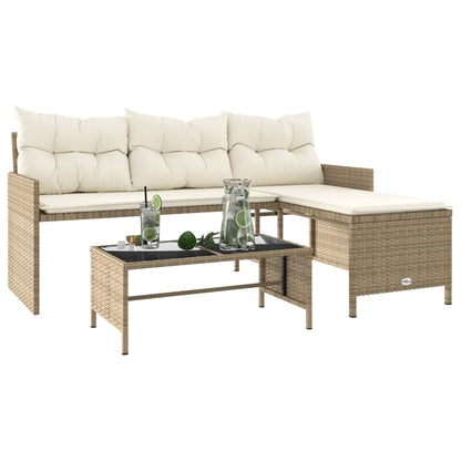 Beige L-Shaped Poly Rattan Garden Sofa Set with Table & Cushions