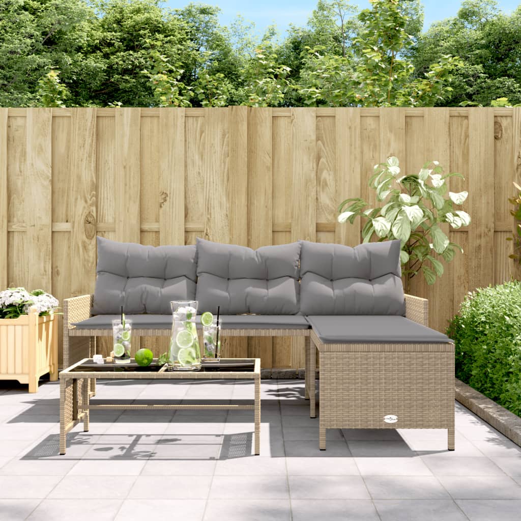L-Shaped Beige Poly Rattan Garden Sofa Set with Table & Cushions
