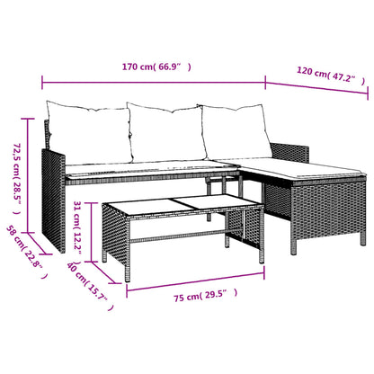 L-Shaped Light Grey Poly Rattan Garden Sofa Set with Table & Cushions