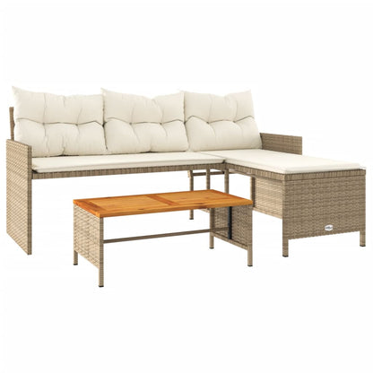 L-Shaped Beige Poly Rattan Garden Sofa Set with Table & Cushions