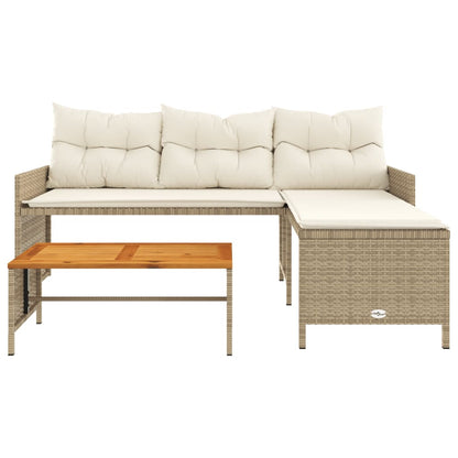 L-Shaped Beige Poly Rattan Garden Sofa Set with Table & Cushions