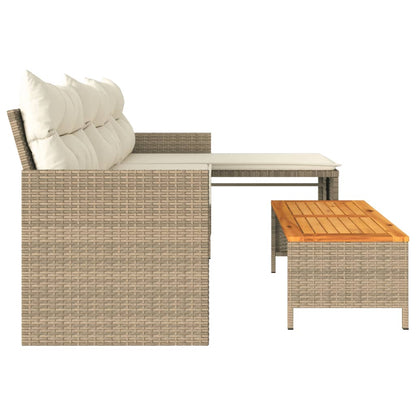 L-Shaped Beige Poly Rattan Garden Sofa Set with Table & Cushions