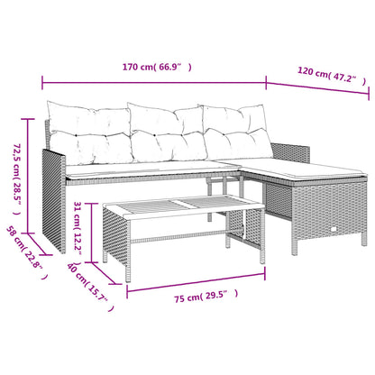 L-Shaped Beige Poly Rattan Garden Sofa Set with Table & Cushions