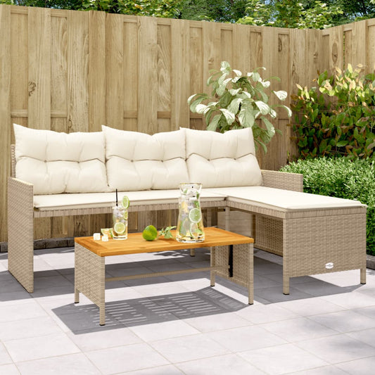 L-Shaped Beige Poly Rattan Garden Sofa Set with Table & Cushions