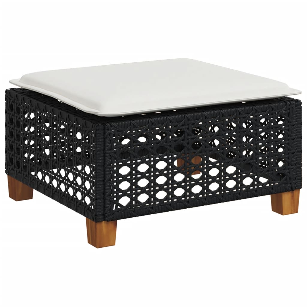 Black Poly Rattan Garden Stool with Cushion, 63.5x56x32 cm