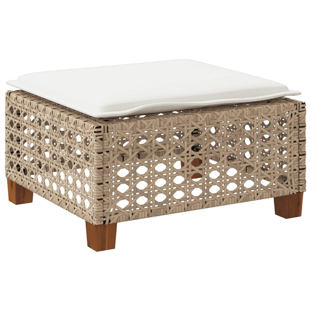 Beige Poly Rattan Garden Stool with Cushion, 63.5x56x32 cm