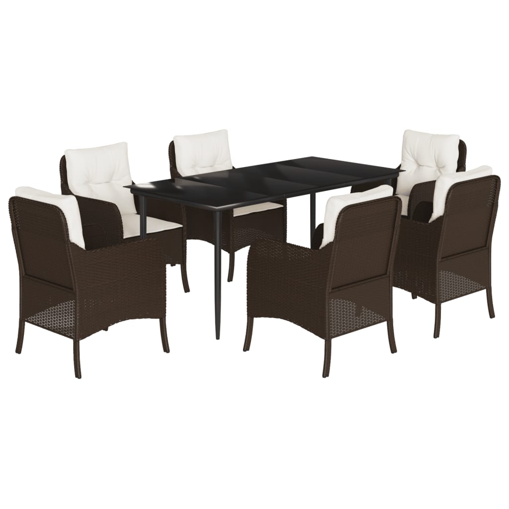 7 Piece Garden Dining Set with Cushions Brown Poly Rattan