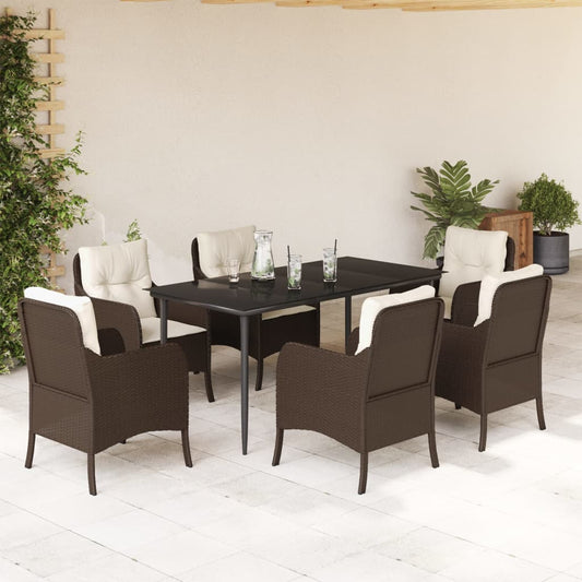 7 Piece Garden Dining Set with Cushions Brown Poly Rattan