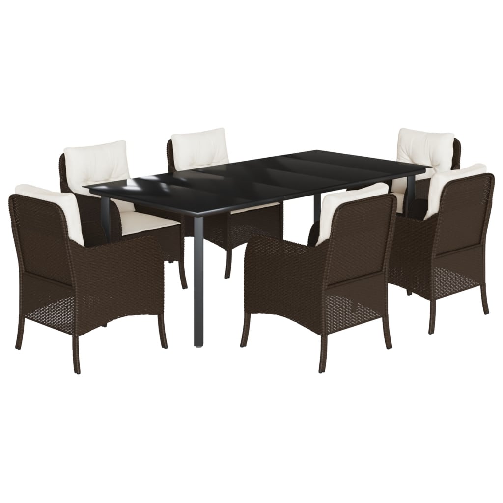 7 Piece Garden Dining Set with Cushions Brown Poly Rattan