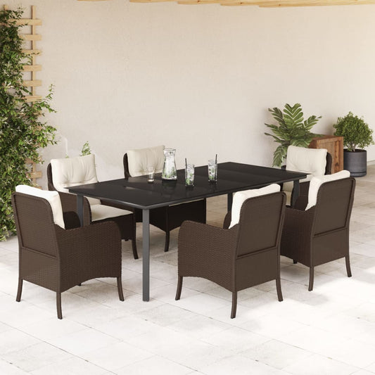 7 Piece Garden Dining Set with Cushions Brown Poly Rattan