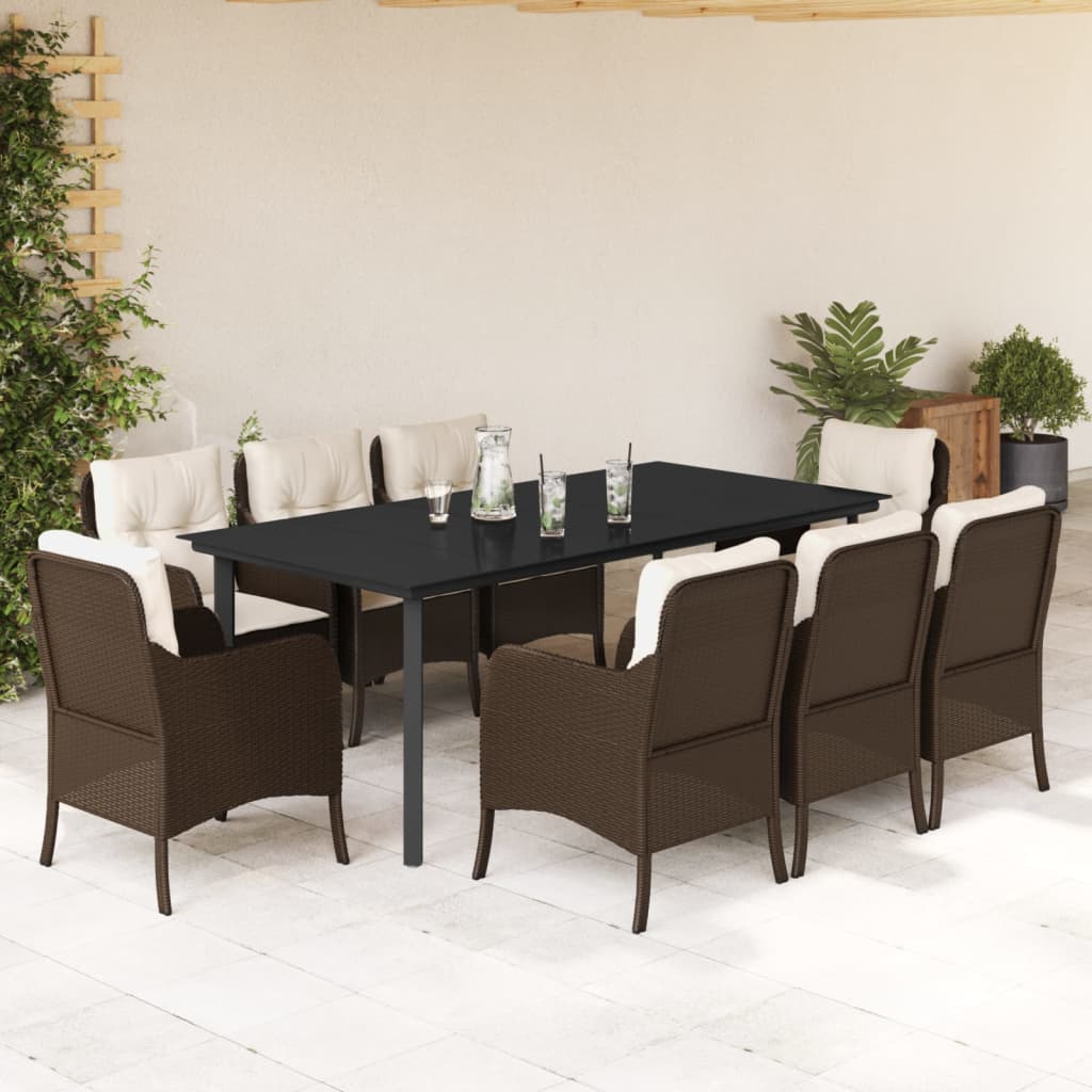9 Piece Garden Dining Set with Cushions Brown Poly Rattan