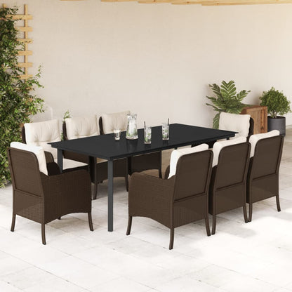 9 Piece Garden Dining Set with Cushions Brown Poly Rattan
