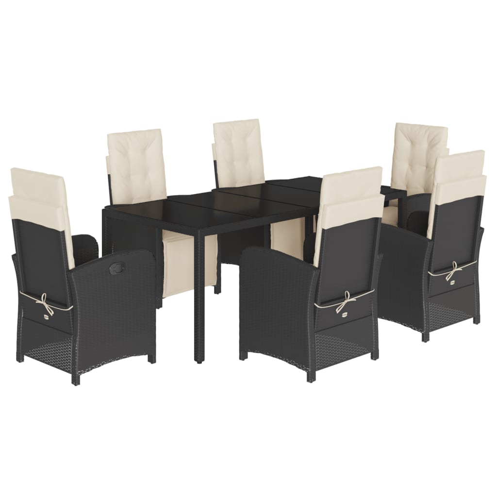 7 Piece Garden Dining Set with Cushions Black Poly Rattan