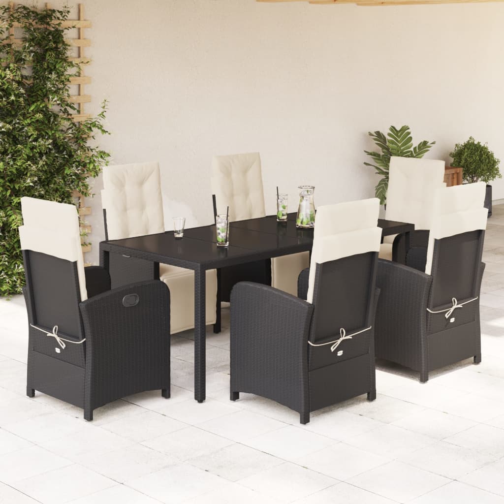 7 Piece Garden Dining Set with Cushions Black Poly Rattan