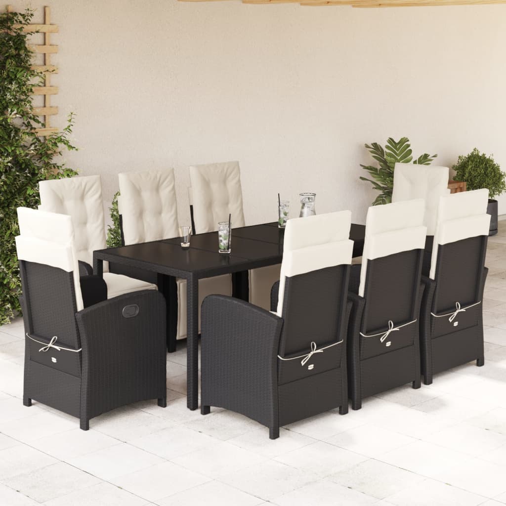 9 Piece Garden Dining Set with Cushions Black Poly Rattan