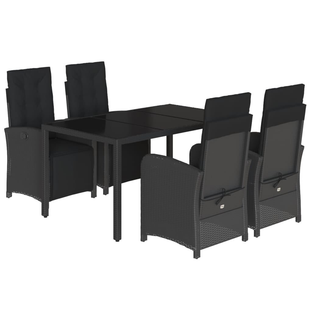 5 Piece Garden Dining Set with Cushions Black Poly Rattan