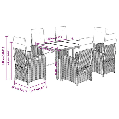7 Piece Garden Dining Set with Cushions Black Poly Rattan