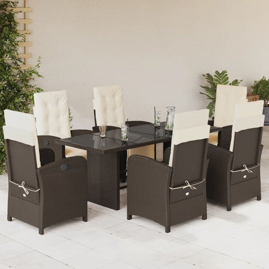 7 Piece Garden Dining Set with Cushions Brown Poly Rattan