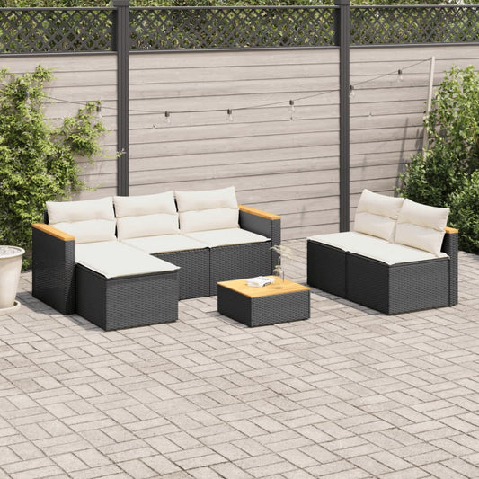 5 Piece Garden Sofa Set with Cushions Black Poly Rattan Acacia