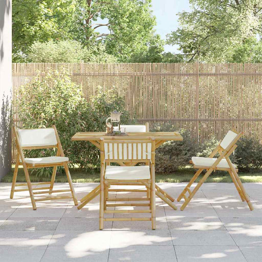 Bamboo Folding Bistro Chairs Set with Cream White Cushions - 4 Piece