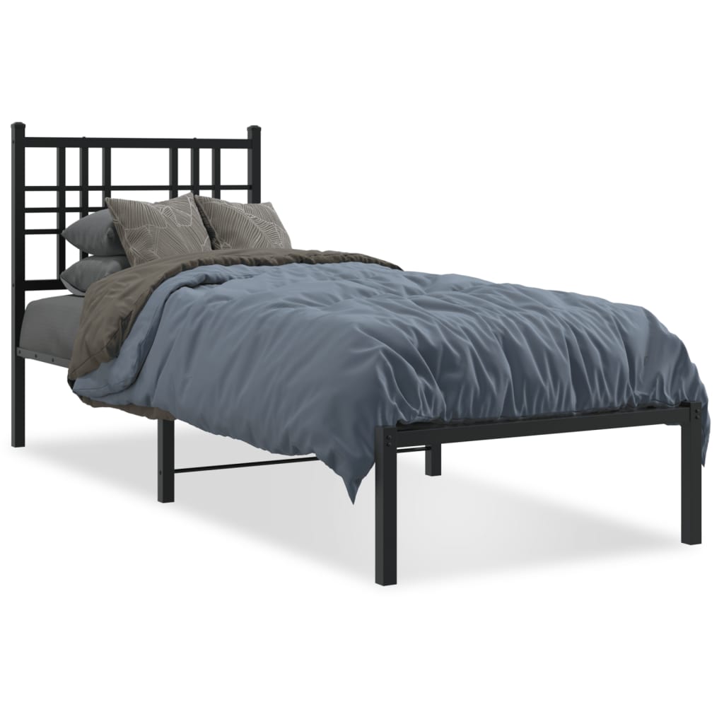 Black Metal Bed Frame with Headboard, 75x190cm - No Mattress Included