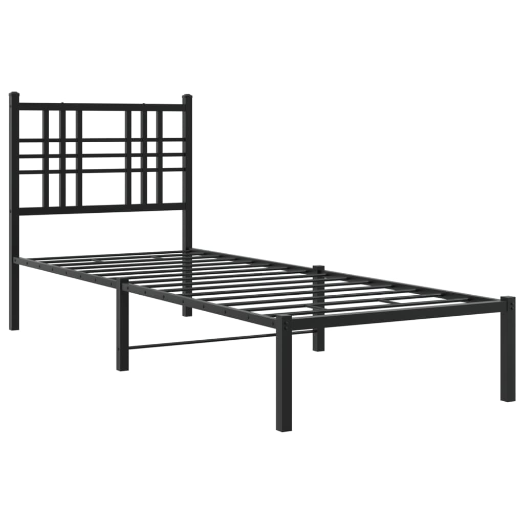 Black Metal Bed Frame with Headboard, 75x190cm - No Mattress Included