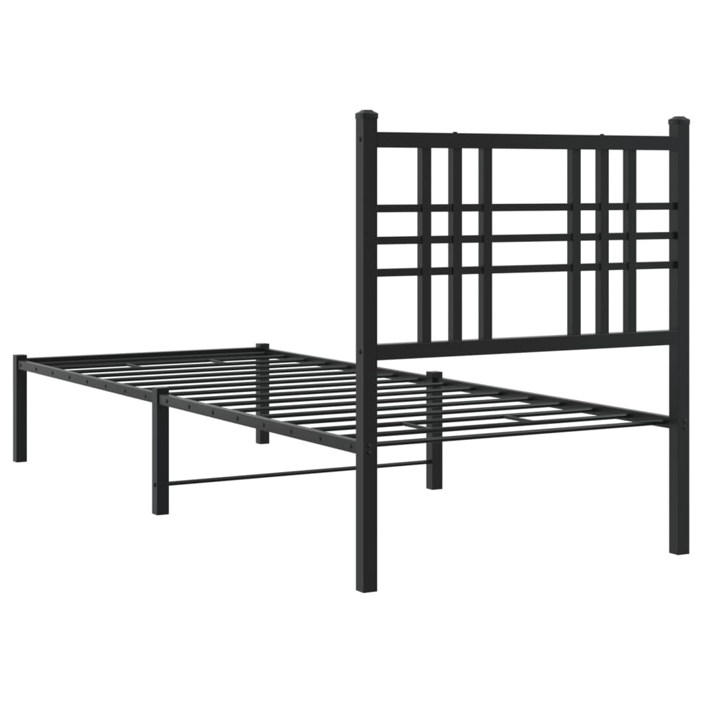 Black Metal Bed Frame with Headboard, 75x190cm - No Mattress Included